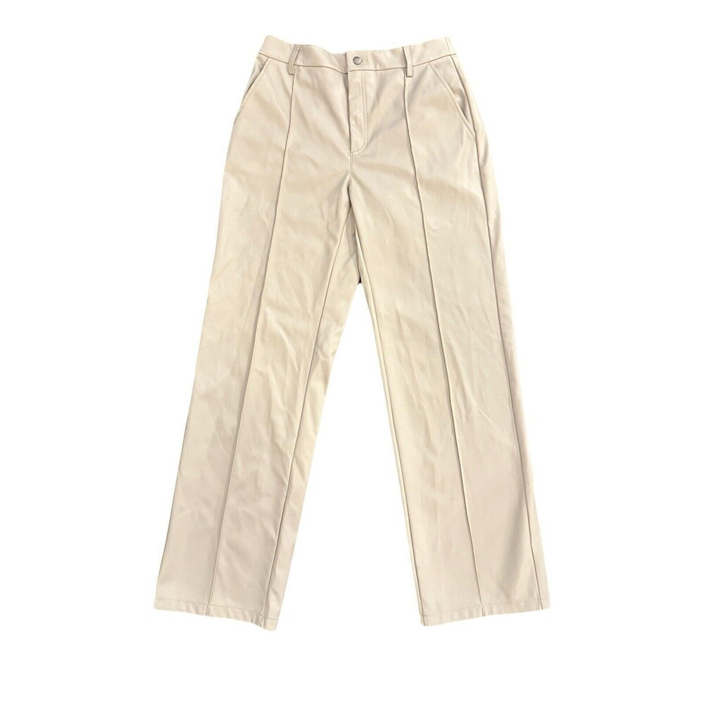 Noisy May Sz Medium Luke Faux Leather Pants Wide Straight Leg Beige Tan